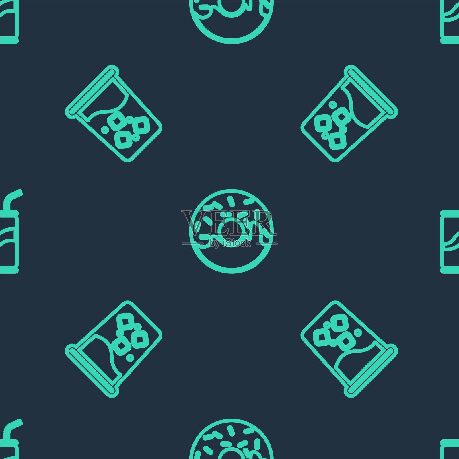 设置甜甜圈玻璃与水和汽水罐图标素材