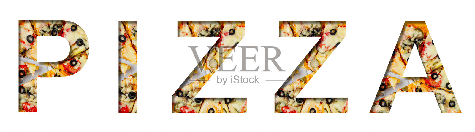 题词披萨在白纸上与剪纸的背景真正的披萨。模型招牌，横幅或披萨或快餐交付的概念传单。照片摄影图片