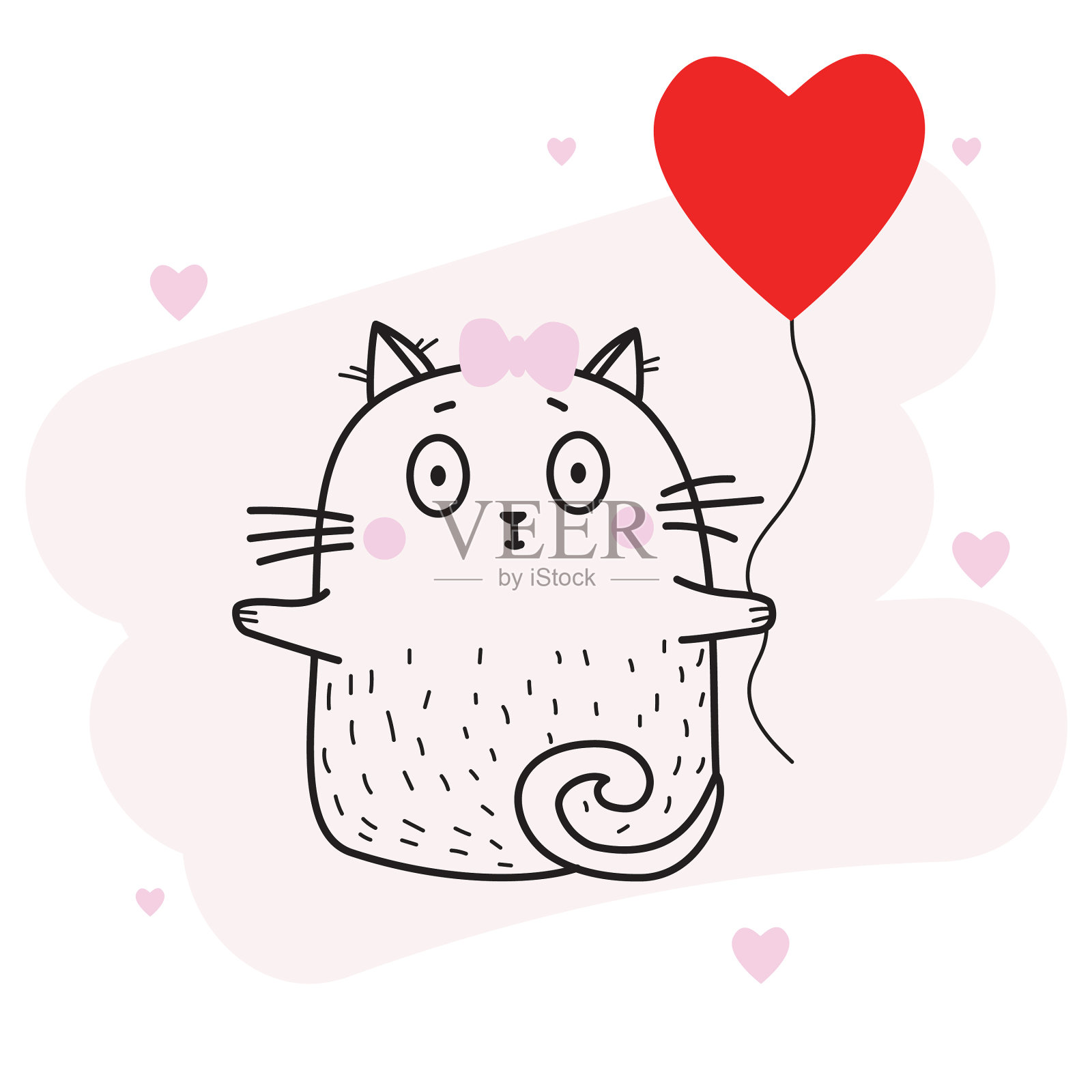 可爱有趣的猫女孩与红色的心形气球设计元素图片