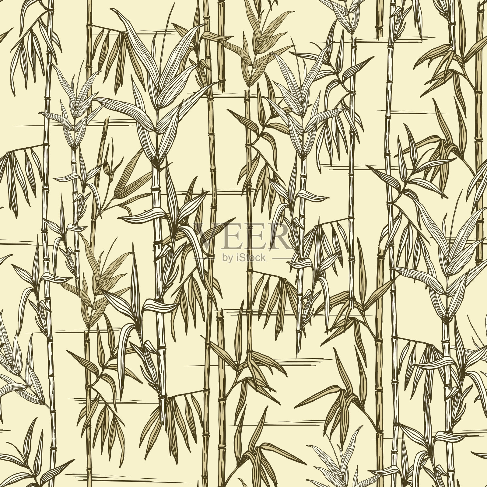 竹林从手绘植物轮廓在淡黄色无缝背景设计元素图片