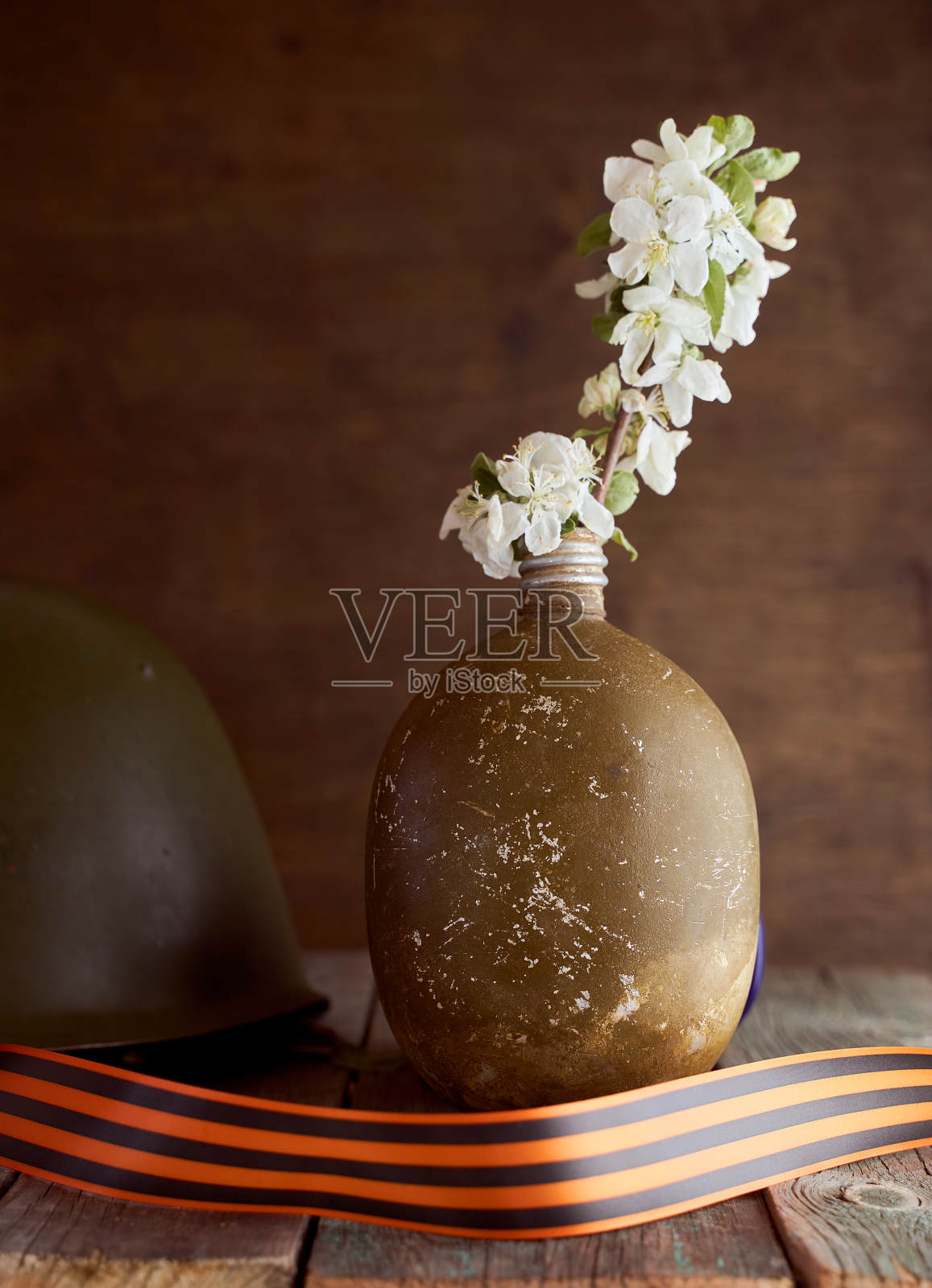 在棕色的背景下，一个士兵的烧瓶里的一棵苹果树的小枝。5月9日拍摄照片摄影图片