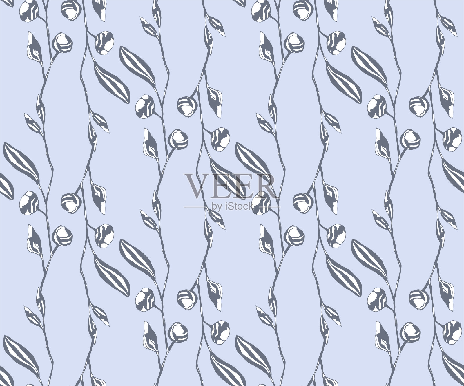 矢量装饰手绘装饰背景。细枝与花朵无缝图案点缀。矢量模式。插画图片素材