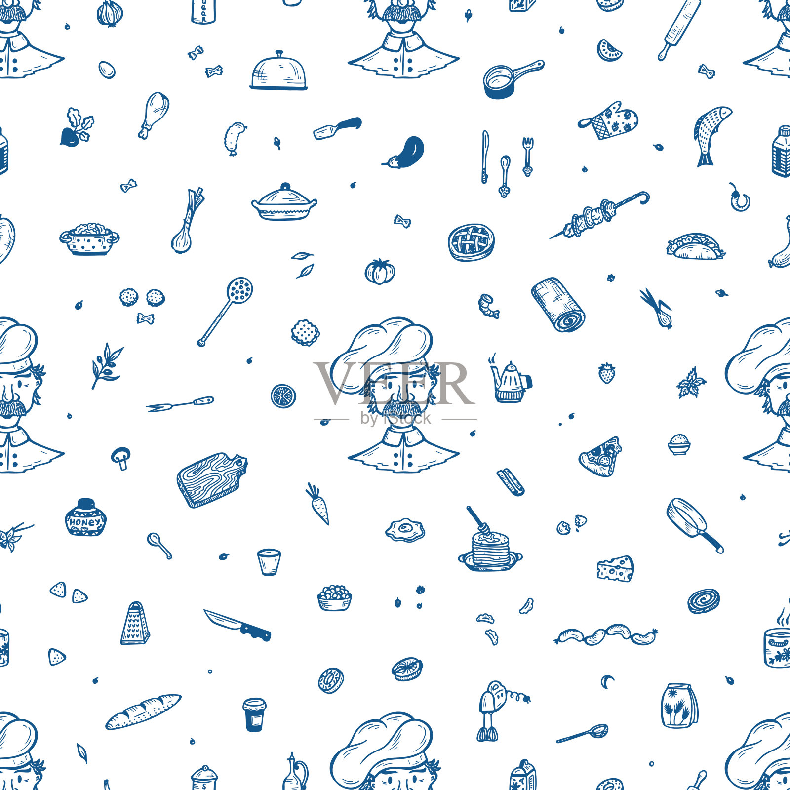 有厨师的食物背景。矢量无缝模式手绘涂鸦厨师，食物和厨房用具。插画图片素材