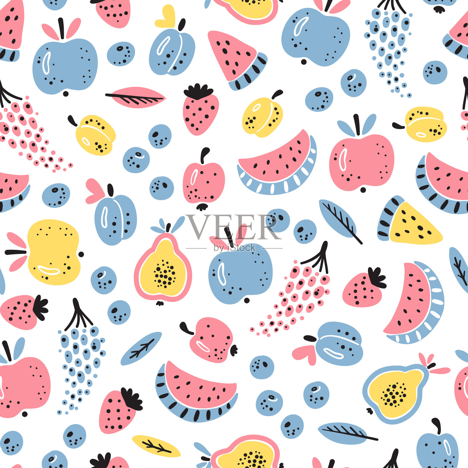 卡通浆果和水果矢量无缝模式。五颜六色的水果壁纸。健康夏日食物背景插画图片素材