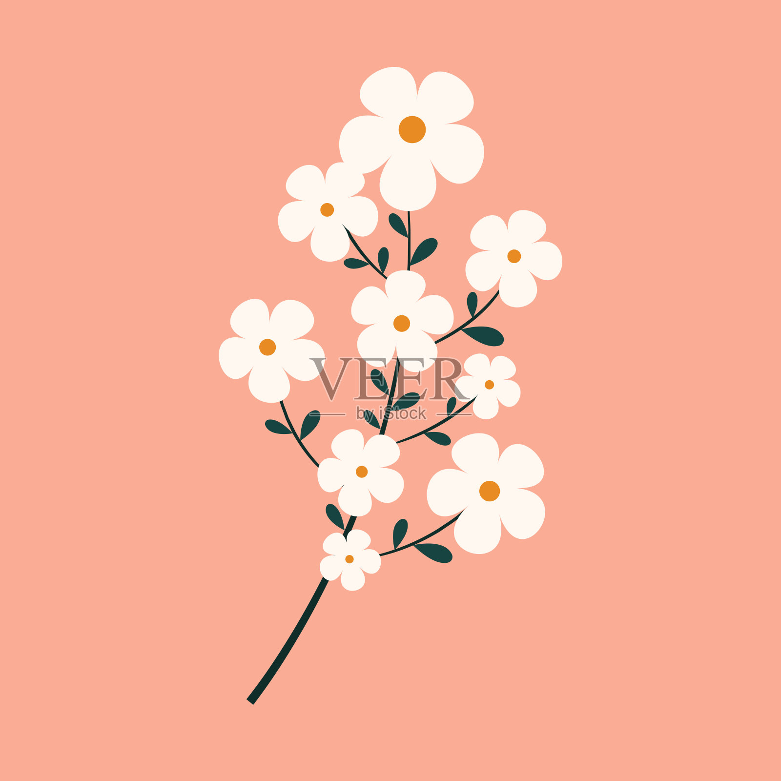 植物图标。树枝上有许多花。以自然花卉元素设计的明信片、海报、问候。孤立在浅色背景上。插画图片素材