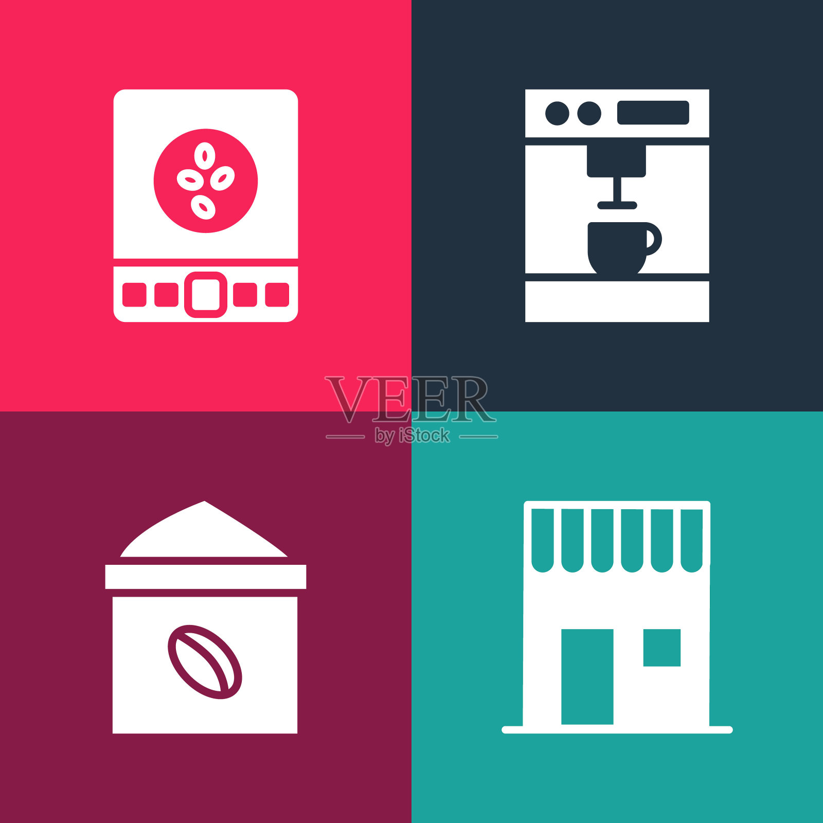 设置波普艺术咖啡店，袋装咖啡豆，机器和电子秤图标。向量图标素材