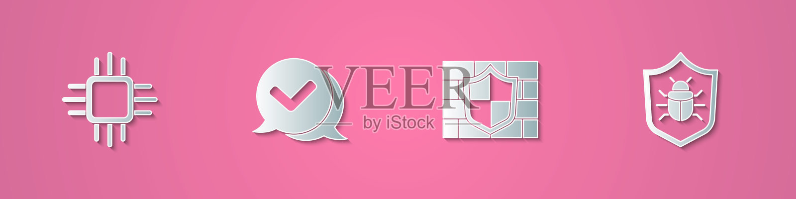 设置剪纸处理器与微电路CPU，检查标记在语音气泡，屏蔽砖墙和系统错误图标。纸艺术风格。向量插画图片素材