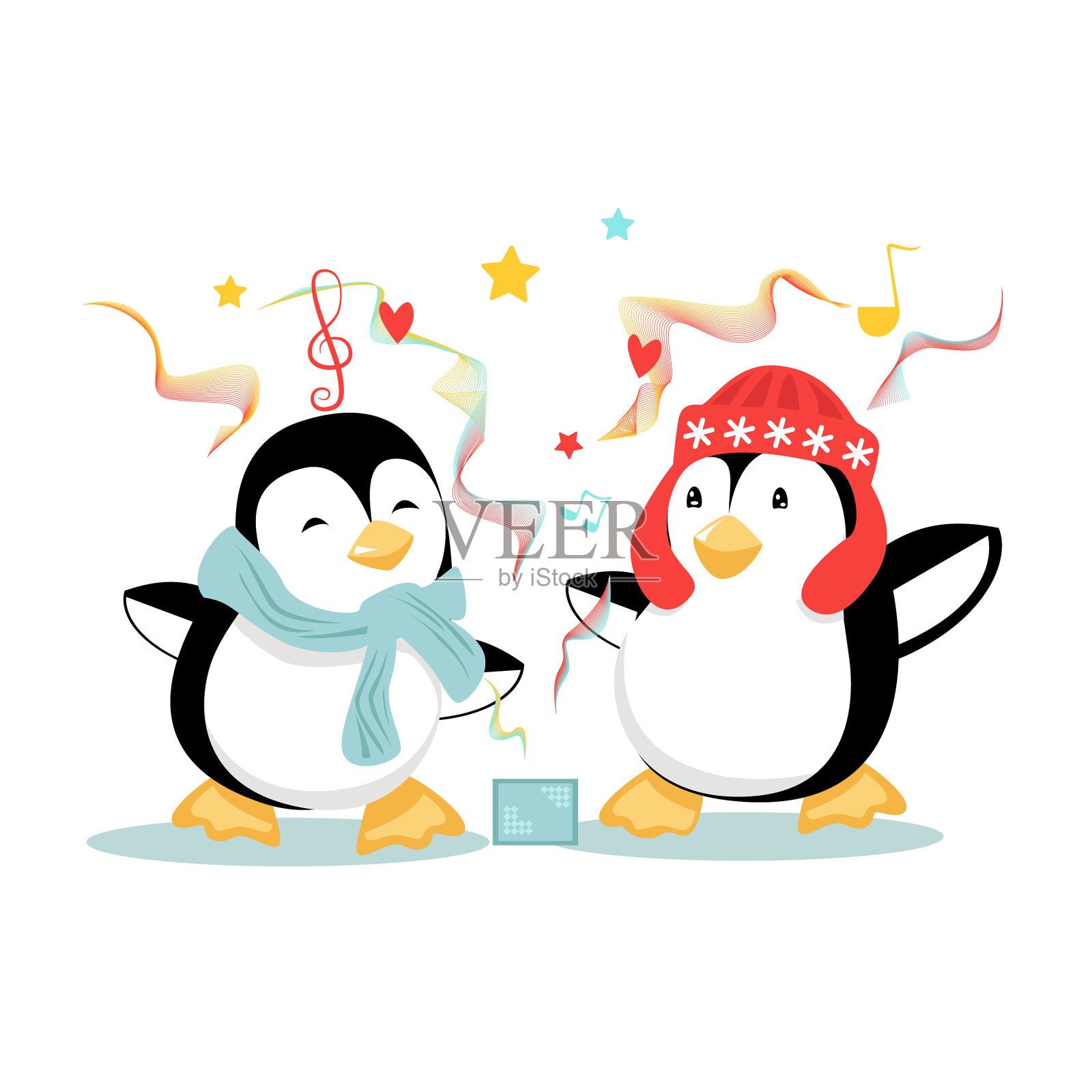两只卡通企鹅在音乐氛围下跳舞设计元素图片