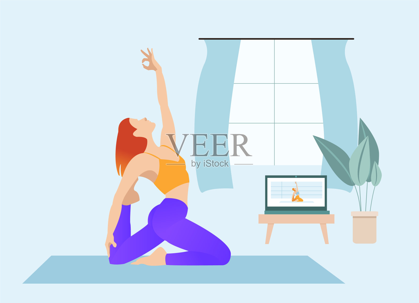在线瑜伽与教练在家插画图片素材