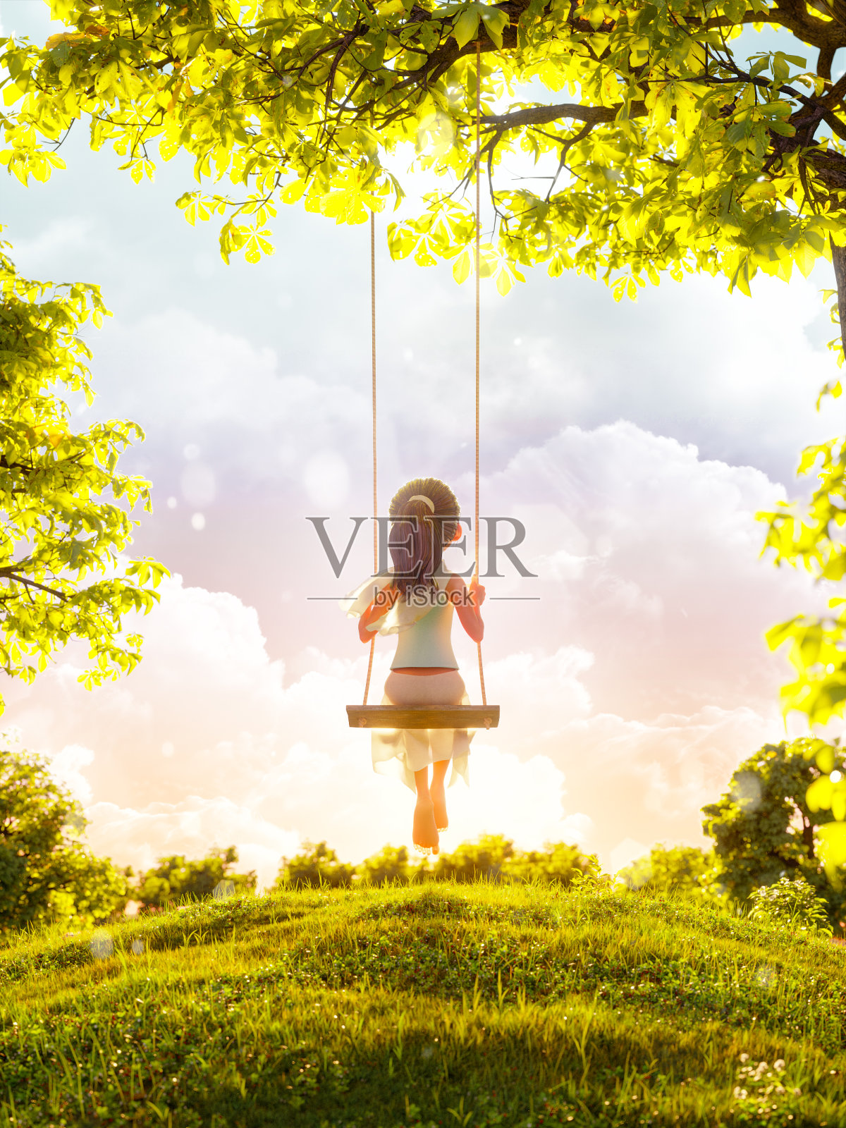 快乐的卡通女孩在荡秋千在夏季公园日落。照片摄影图片