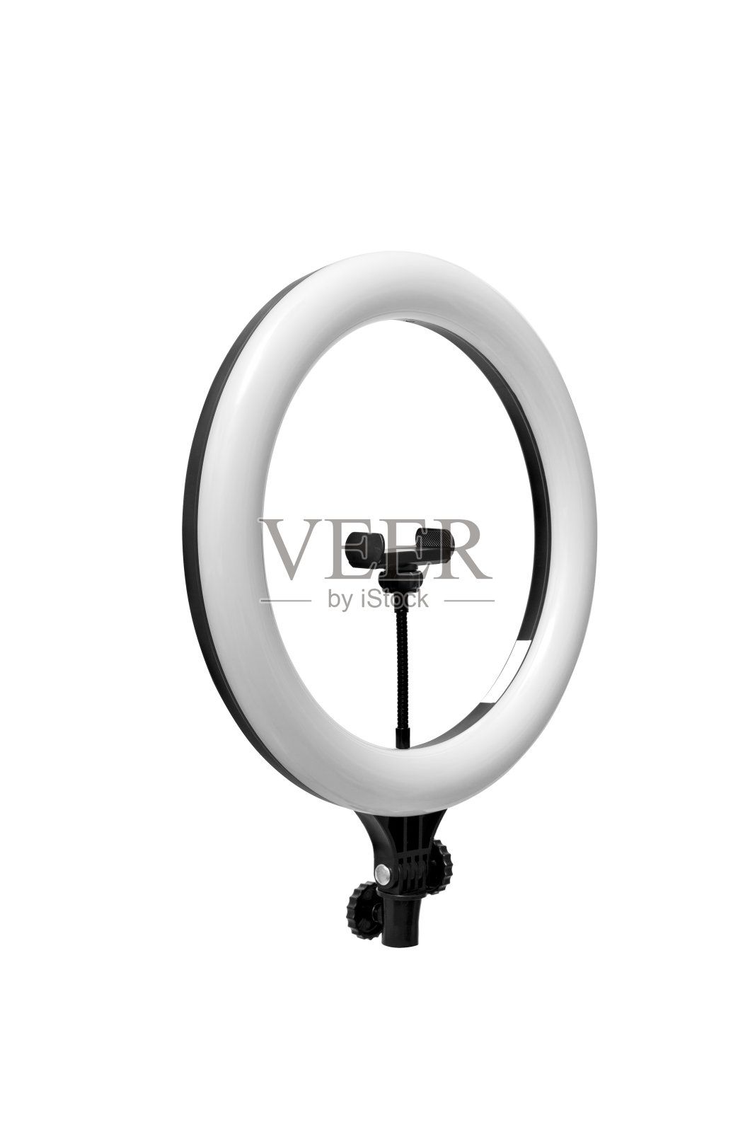 特写圆形霓虹灯LED灯孤立的白色背景。流行的现代光化妆和美容肖像。照片摄影图片