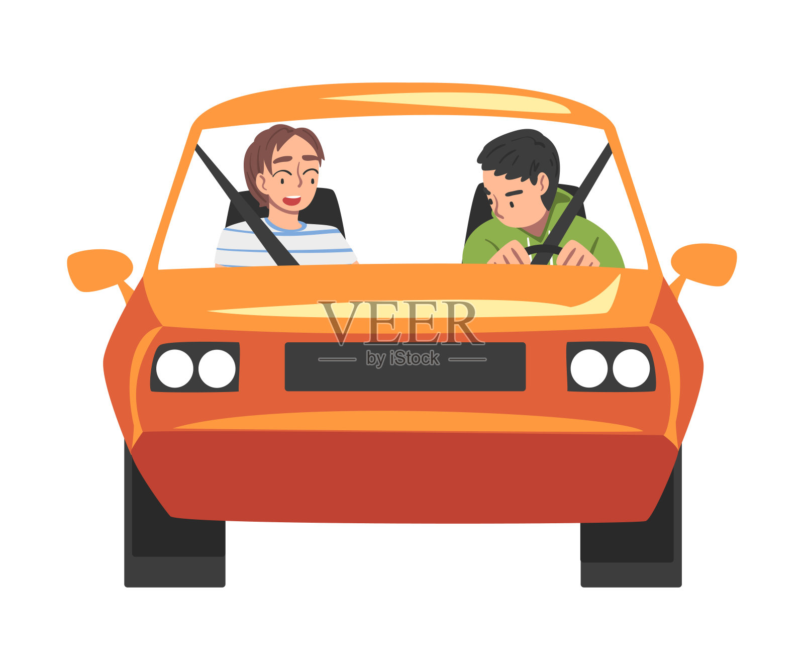 前视图的人骑橙色车，男性司机驾驶车辆和妇女坐在乘客座位卡通矢量插图插画图片素材