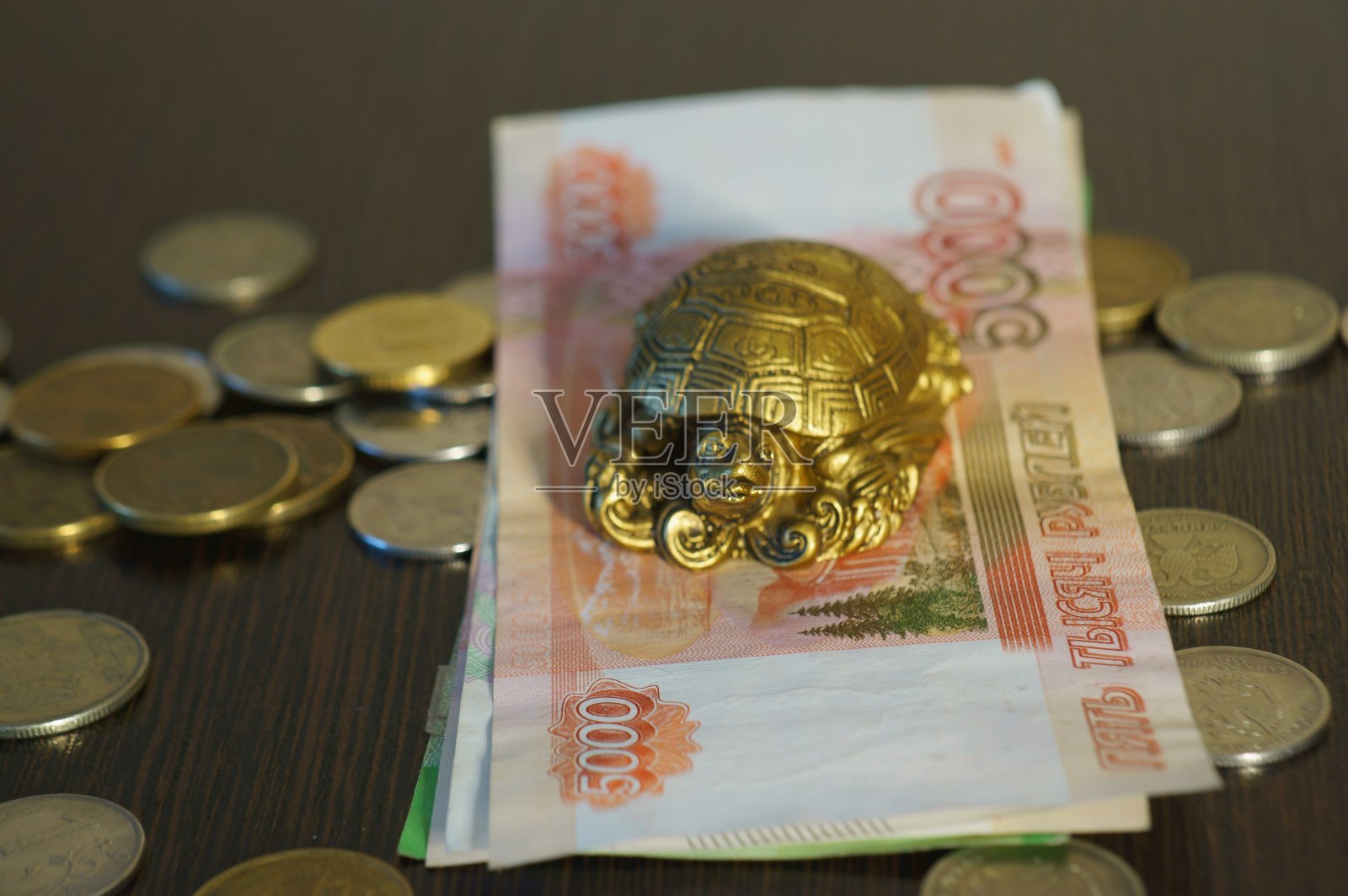 桌上放着一只金属乌龟和一张钞票。照片摄影图片