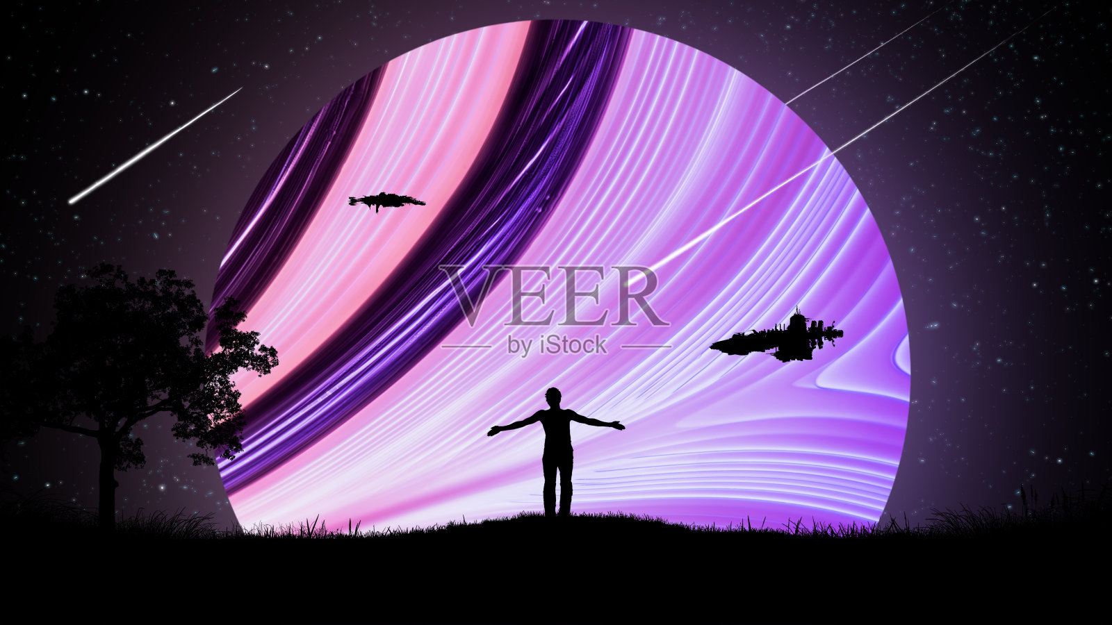 一个人在夜晚的户外，双手分开，高举到空中，背景是星空中的宇宙飞船和一个美丽的发光的霓虹行星。插画图片素材