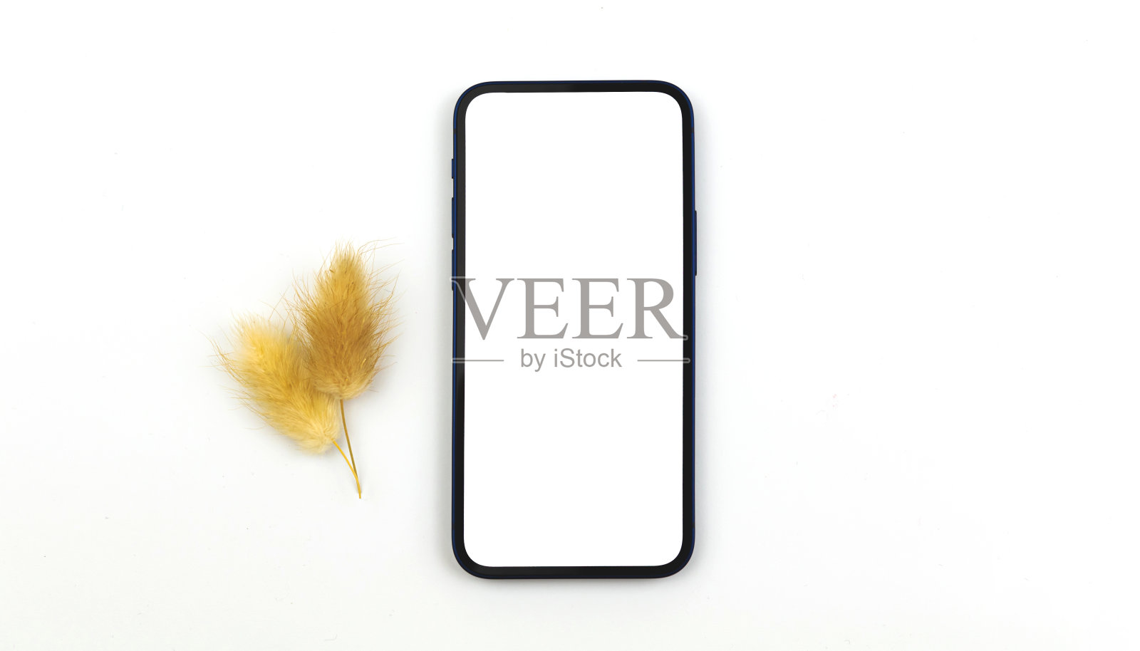 平躺空白白色屏幕与干草在白色孤立的背景，智能手机模型概念，复制空间和俯视图照片摄影图片