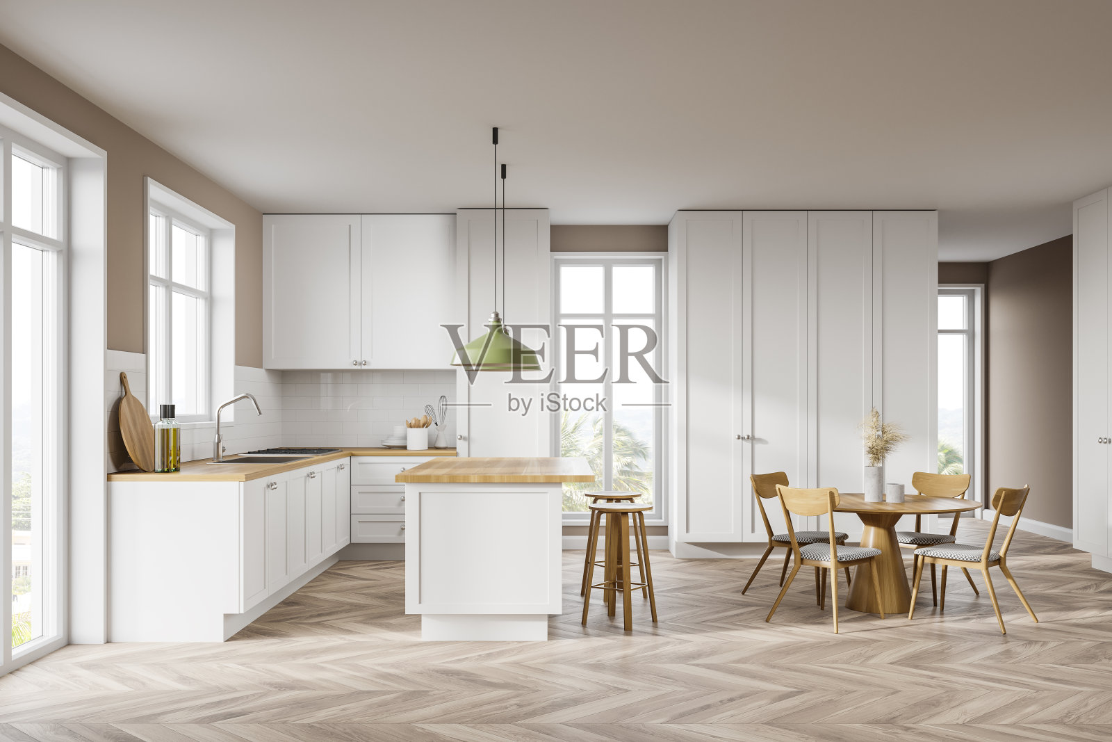 白色厨房内部配备酒吧和桌子照片摄影图片