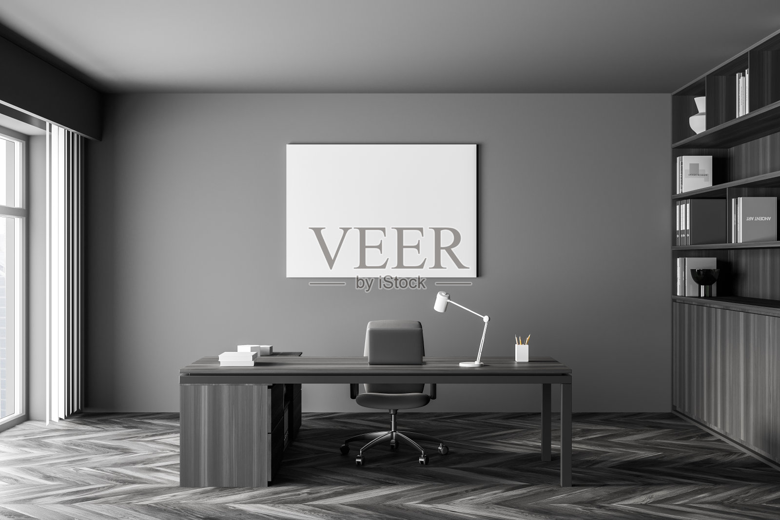 现代办公室内部。墙上的白色海报。模拟。首席执行官的书桌上。城市景观，全景窗口。照片摄影图片