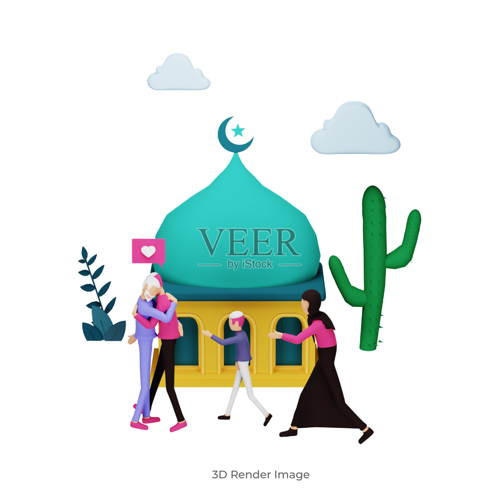 3D渲染伊斯兰设计插图概念开斋节穆巴拉克或斋月问候与人的性格。模板为网页登陆页，横幅，演示，海报，广告，促销或印刷媒体插画图片素材