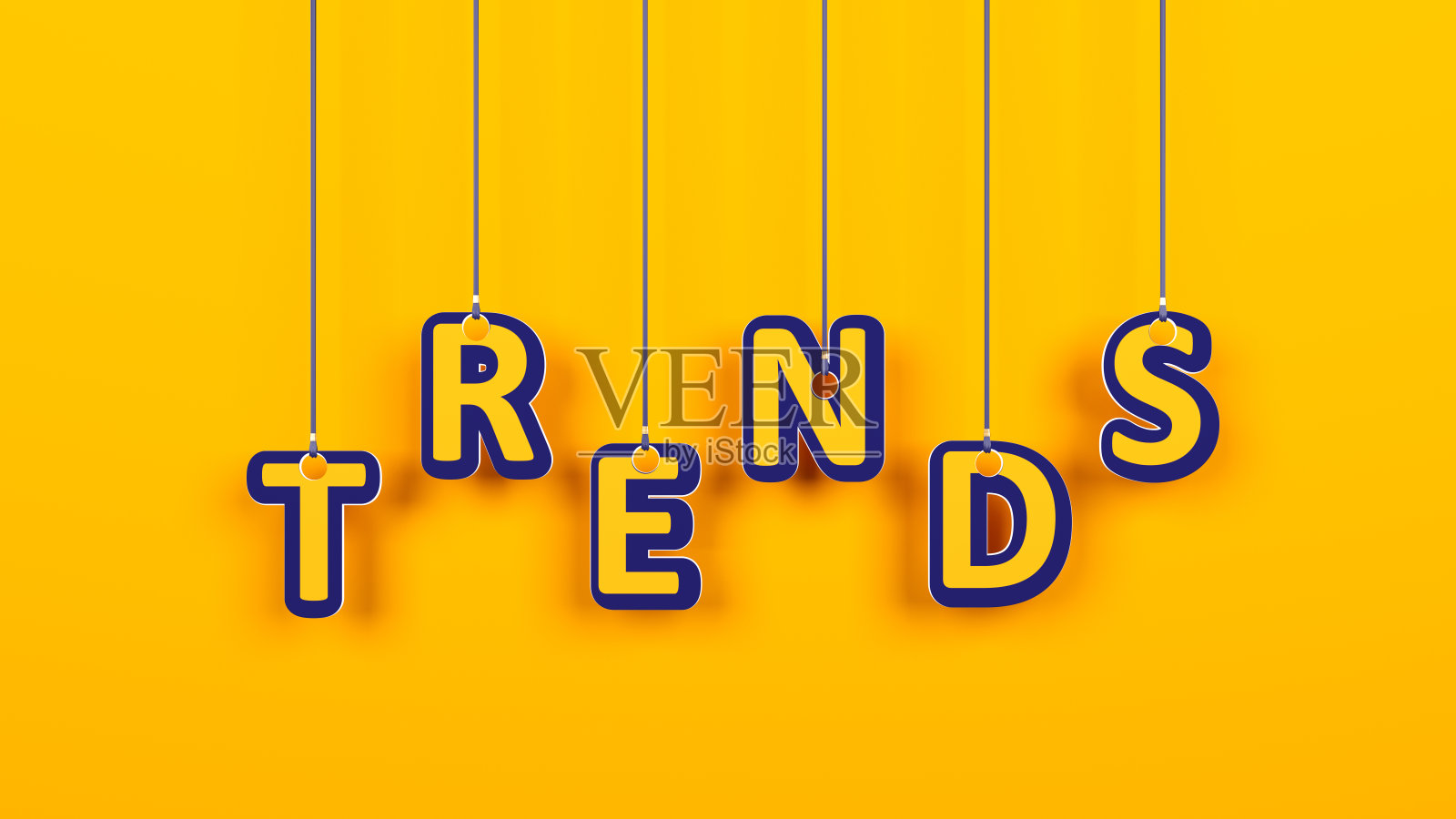 趋势概念用绳子吊着，深蓝色的框架，黄色的趋势文字，橙色的背景照片摄影图片