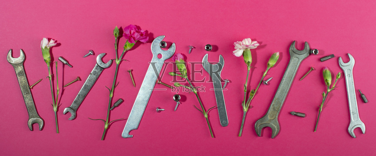 劳动节背景概念、5月1日概念。扳手和丁香粉红色康乃馨花在粉红色的背景。照片摄影图片