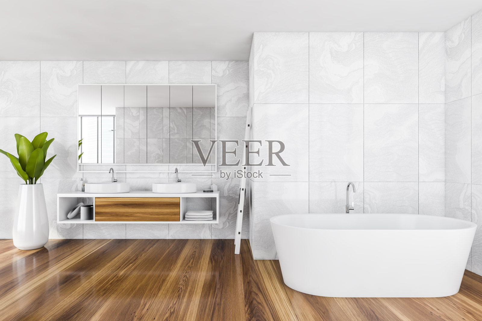 浴室内。极简主义的浴缸，木地板，植物和水槽照片摄影图片