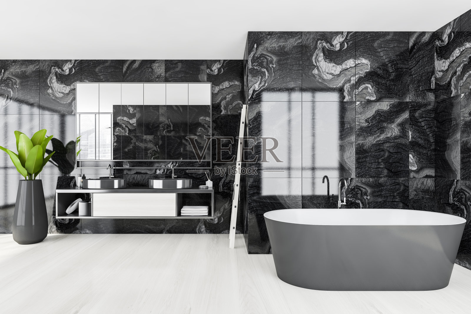 浴室内。木地板上的极简浴缸配有水池和植物照片摄影图片