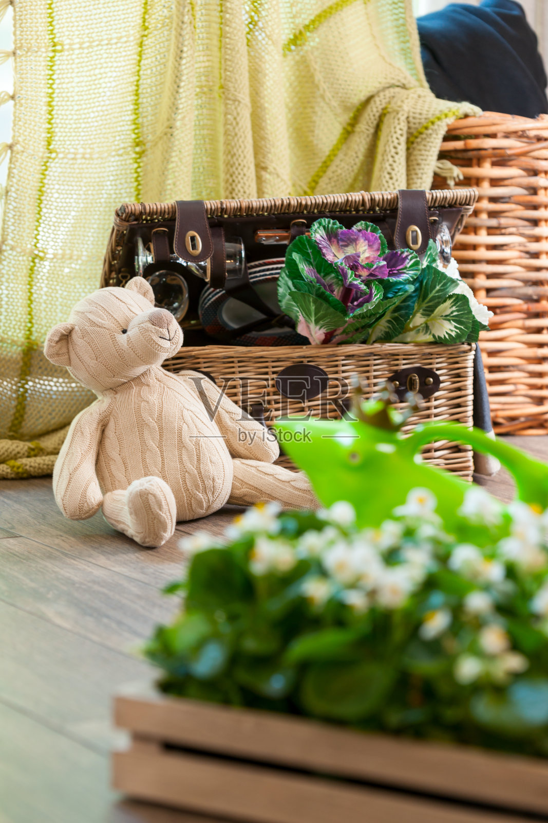在阳台上编织了小熊宝宝，还有一个箱子和鲜花照片摄影图片