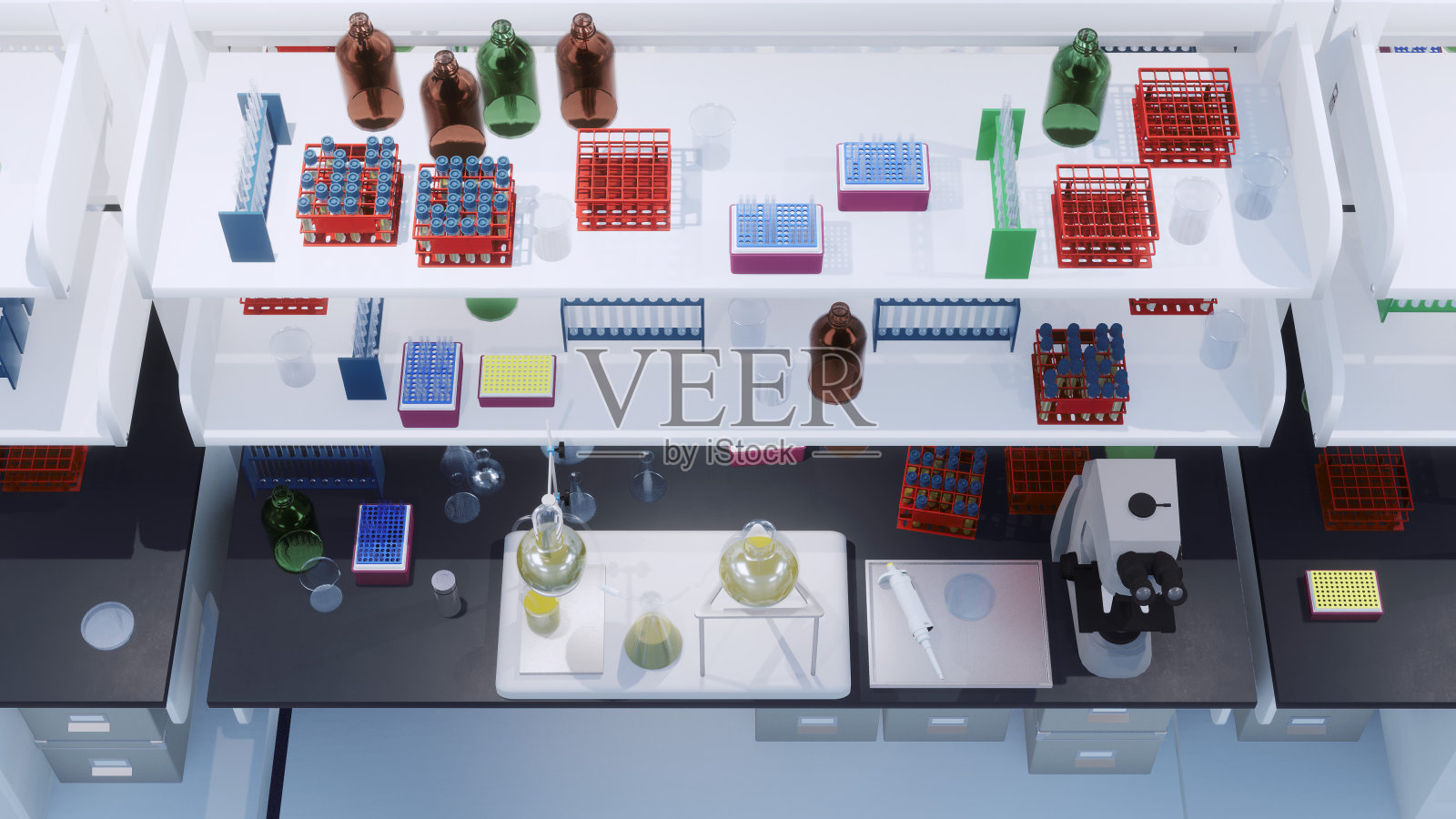 科研实验室工作场所俯视图3D照片摄影图片