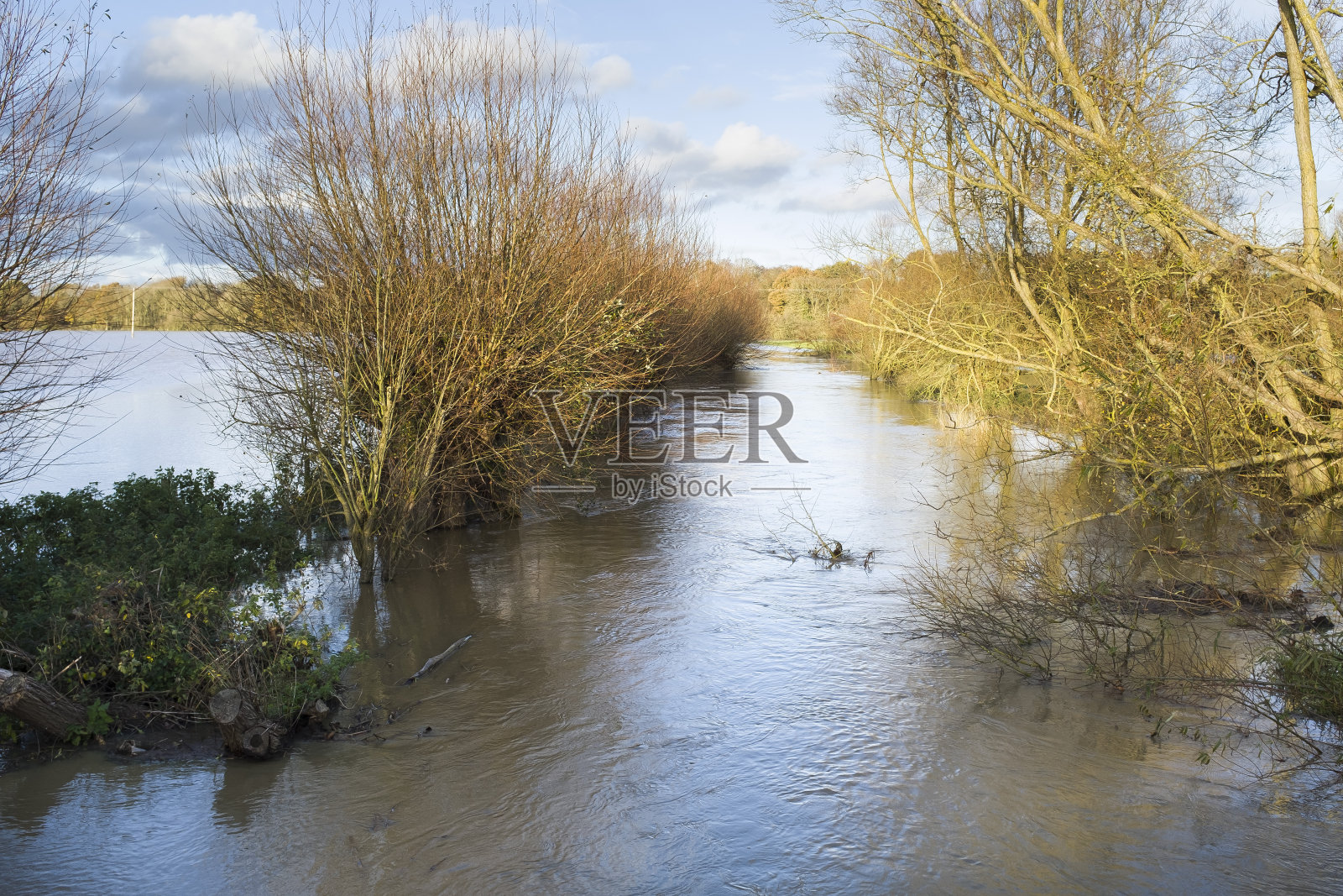 英国白金汉郡，河水上涨，农田被淹照片摄影图片