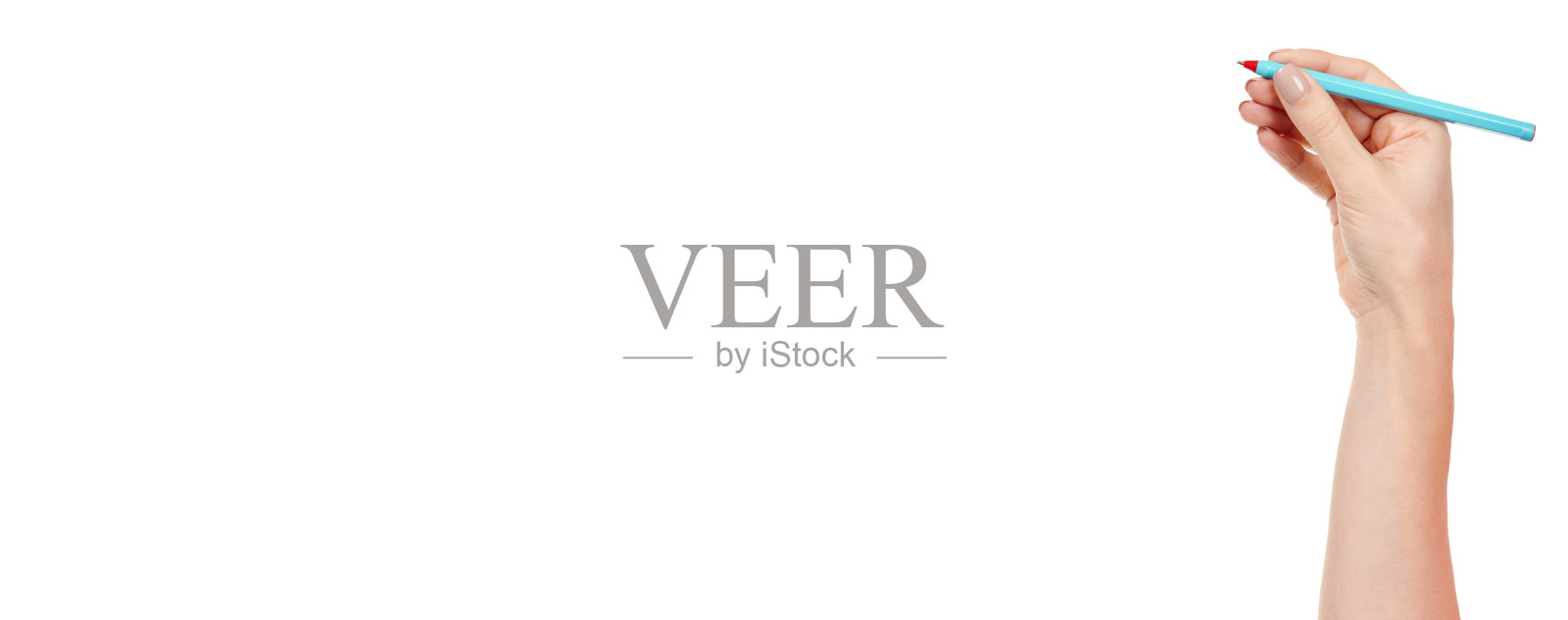 手与蓝色书写笔孤立在白色背景。照片摄影图片