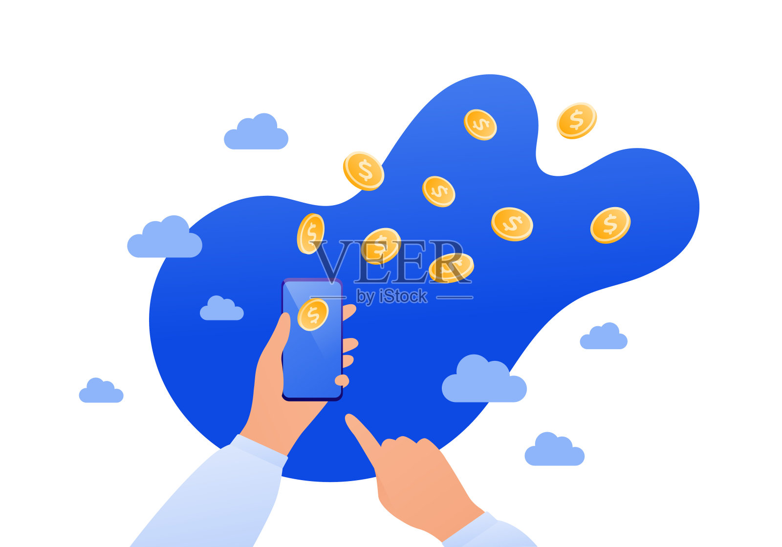 在线应用银行，投资和现金返还的概念。矢量平面插图。手持智能手机的手指触摸屏幕。飞天金币是钱币的象征。设计元素。插画图片素材