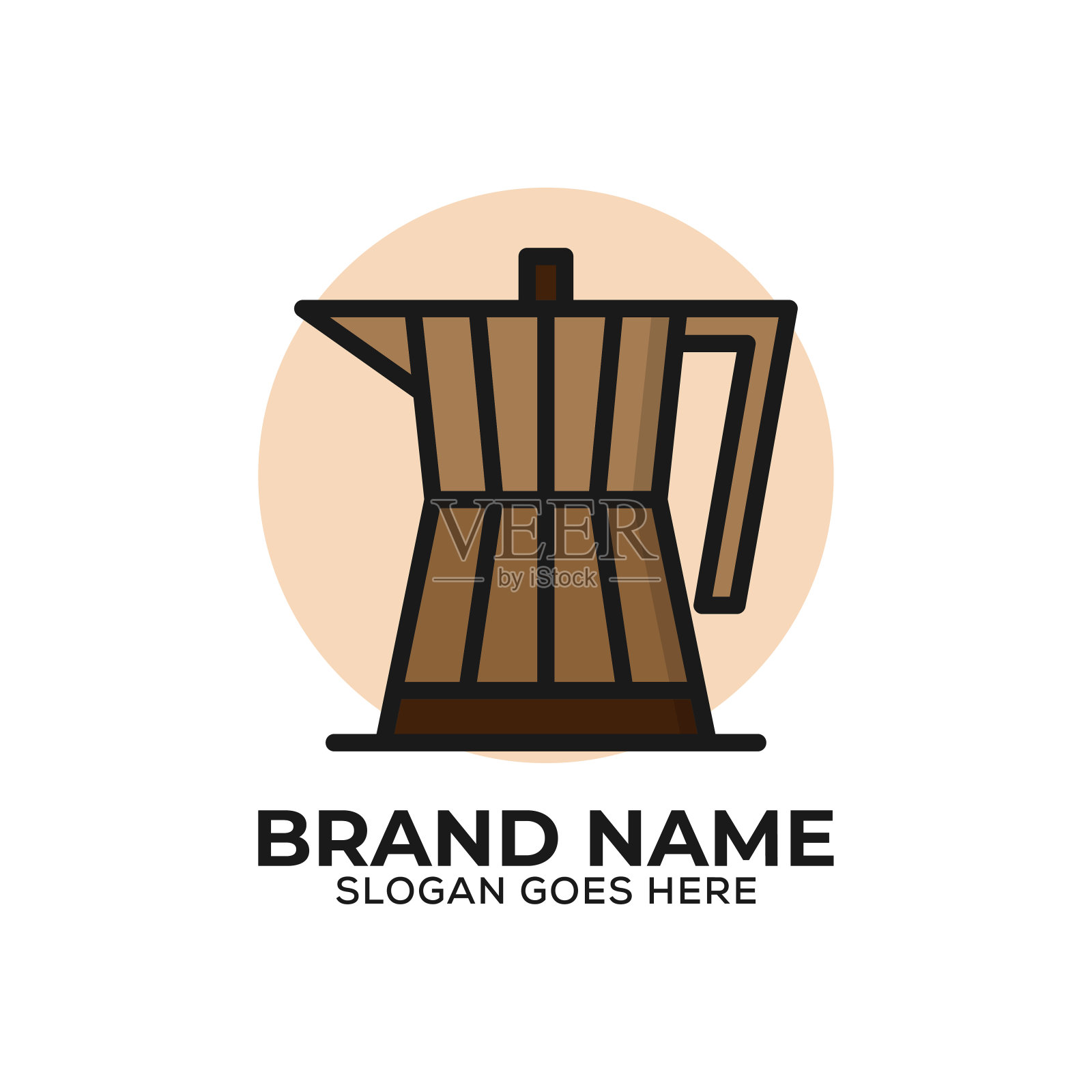 摩卡壶平面设计标志矢量插图，咖啡店标志图标与轮廓风格插画图片素材