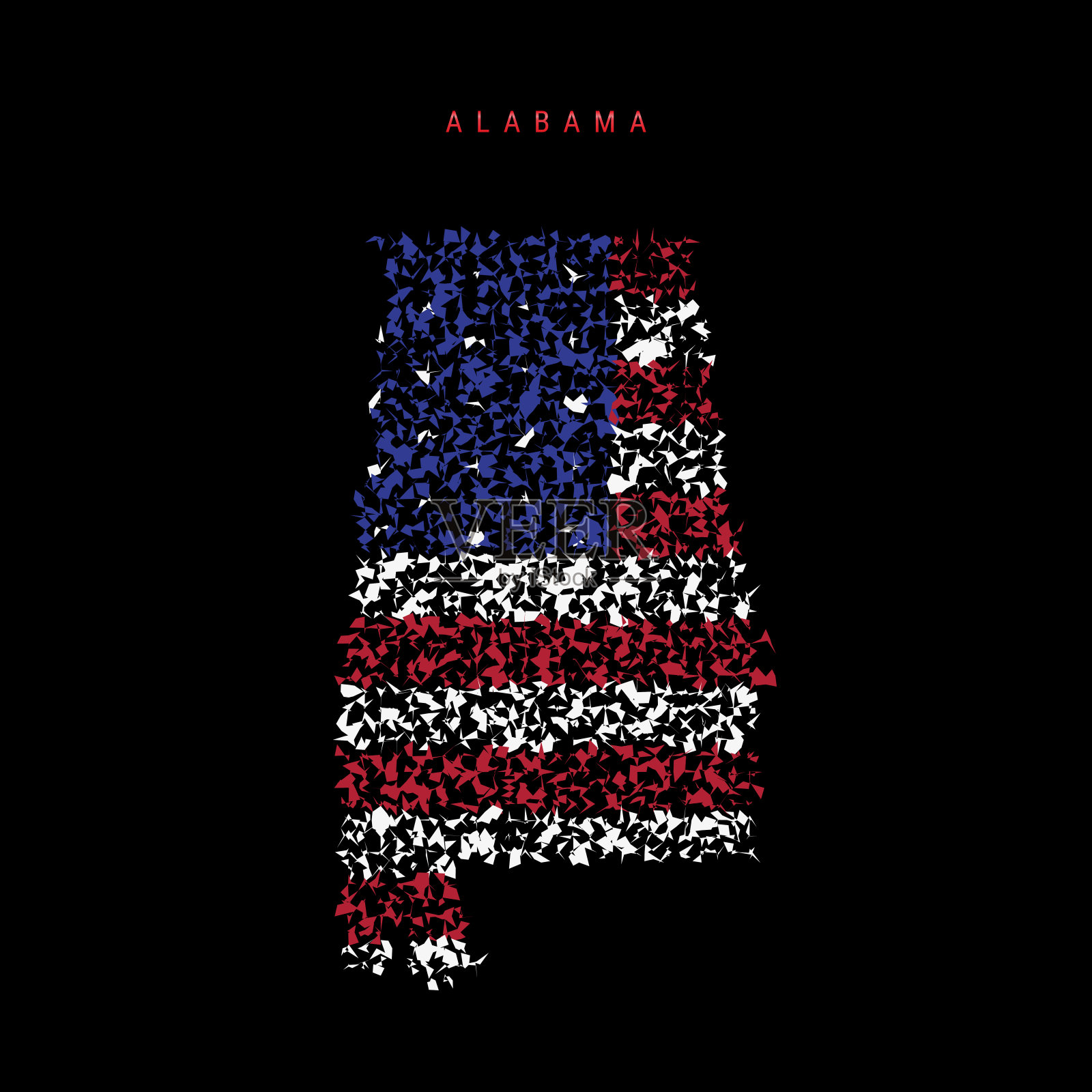 美国阿拉巴马州国旗地图，混乱的粒子图案在美国国旗的颜色。矢量图插画图片素材
