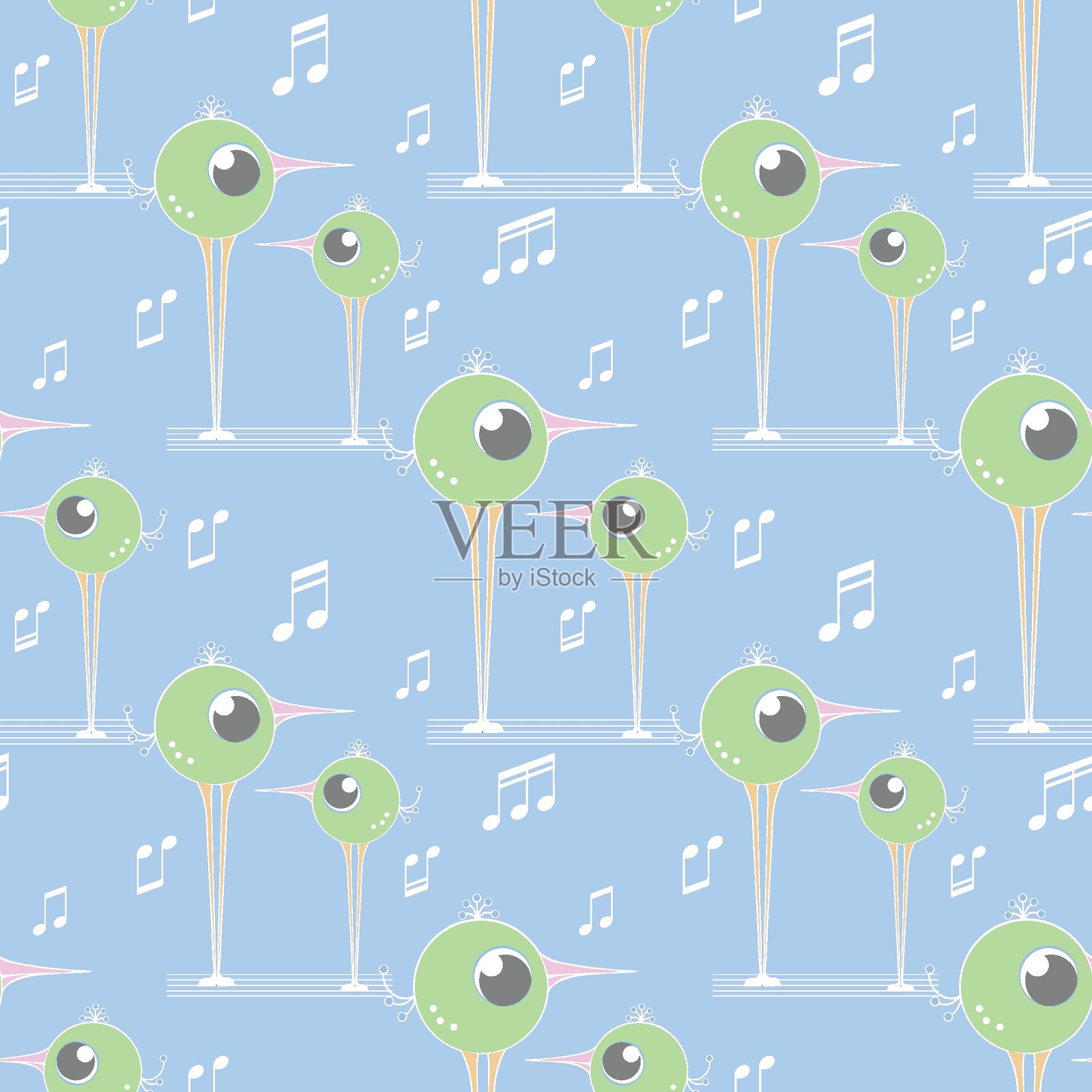 蓝色无缝图案与绿色大眼睛的鸟。向量插画图片素材