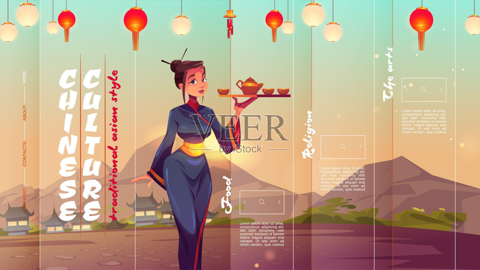 中国文化卡通登陆页，中国旅游插画图片素材