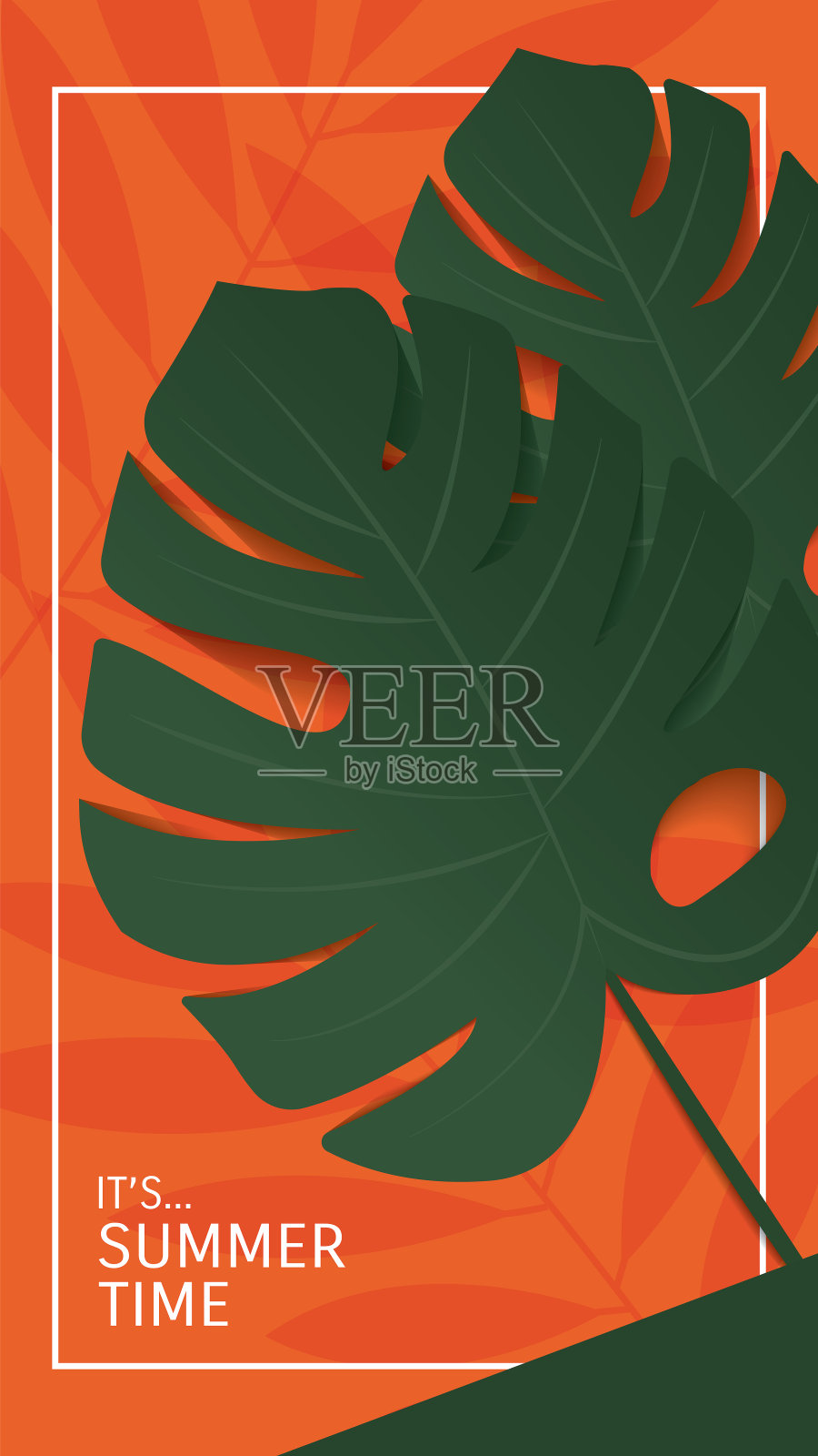 夏天旗帜设计。怪物的叶子在黄色，橙色和绿色的墙壁背景。模型和模板创建问候，卡片，杂志，封面，海报和横幅等矢量插图插画图片素材