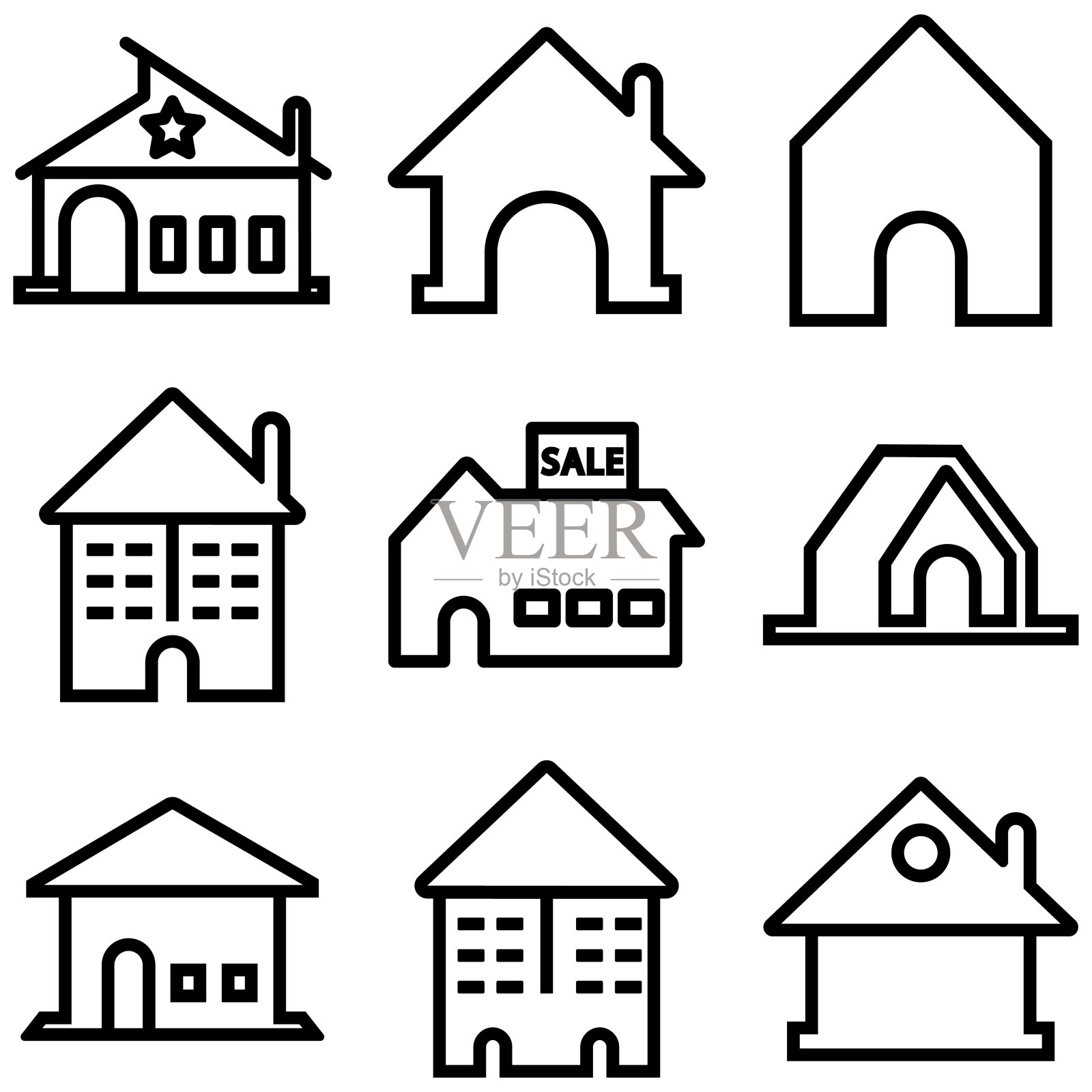 矢量图标。可编辑的中风。这些建筑有一层和两层，有车库，有烟囱。门窗库存插图图标素材