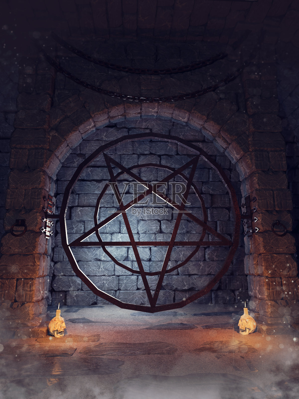 有骷髅蜡烛的黑暗地牢照片摄影图片