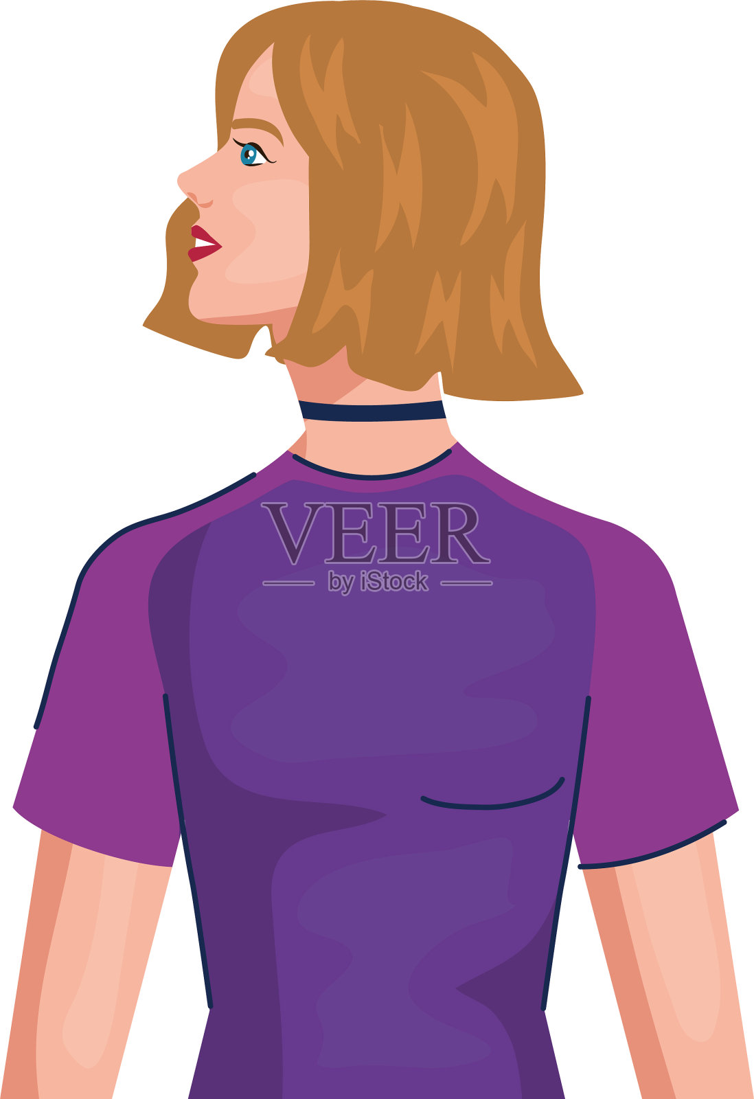 从侧面看是棕色头发的卡通女人插画图片素材