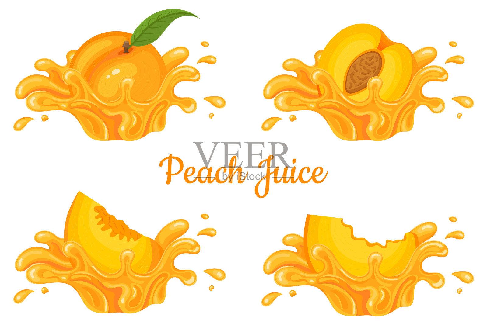 鲜嫩的桃汁溅破，孤立上白插画图片素材