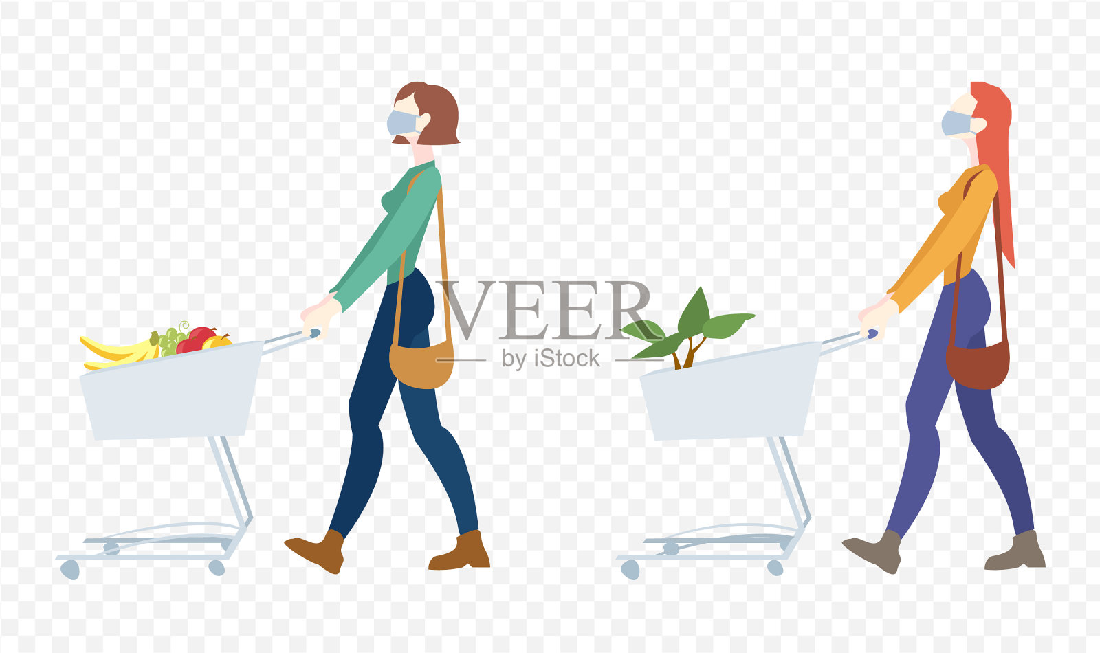 两个戴面具的女人推着一辆购物车插画图片素材