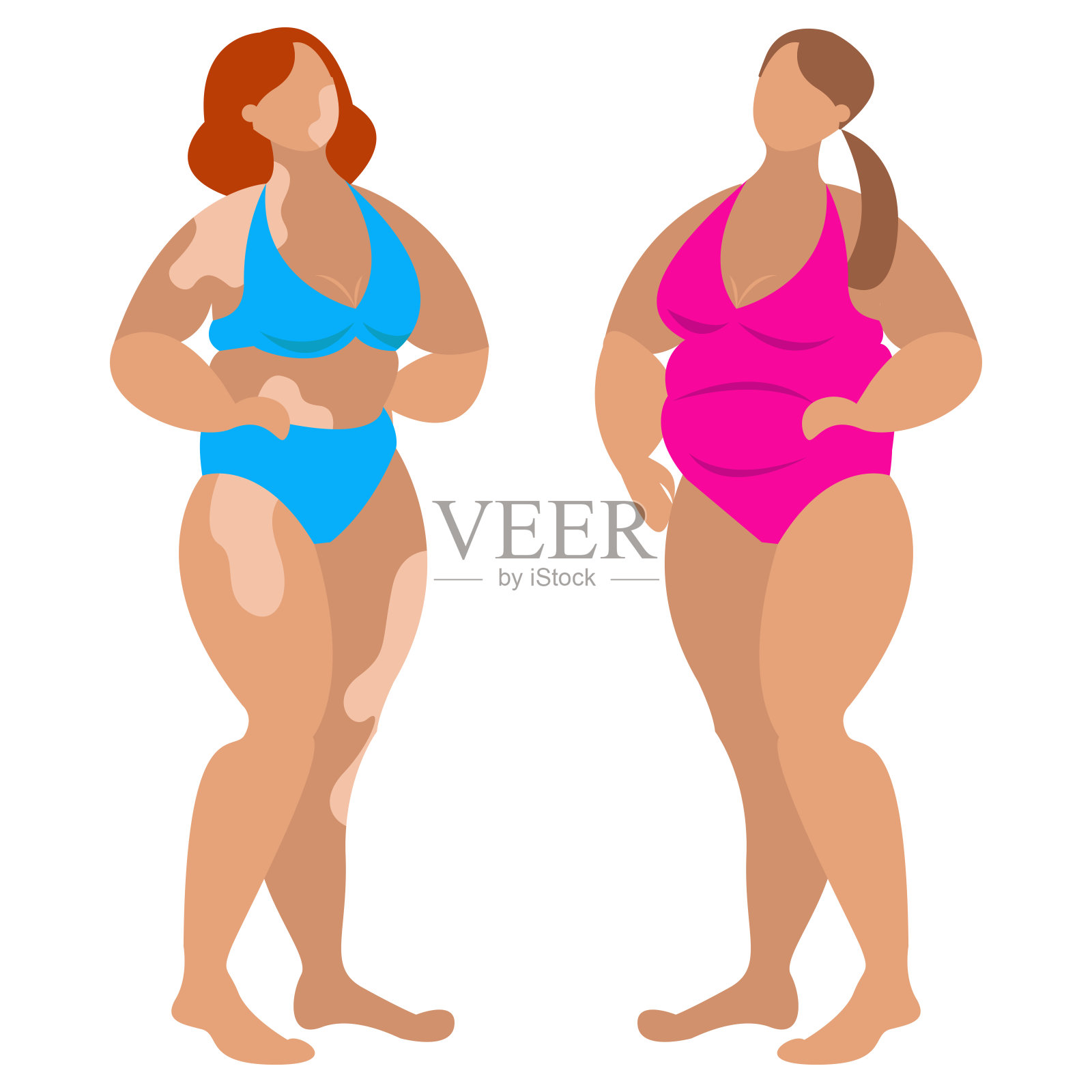 穿着蓝色泳衣的白癜风年轻漂亮的女人和穿粉红色衣服的漂亮胖女孩插画图片素材