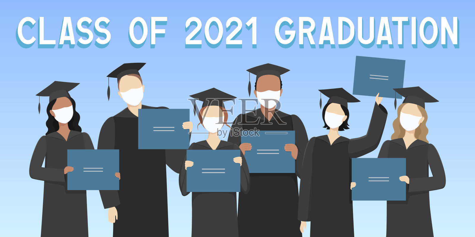 2021届毕业生。带着医用口罩的研究生海报。矢量图插画图片素材