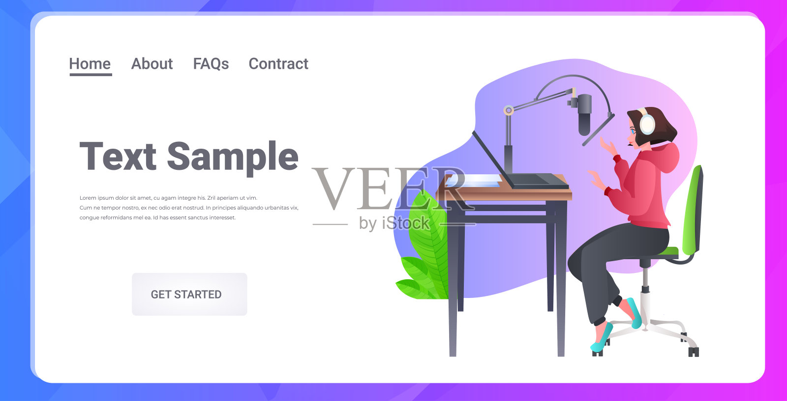 女性播客主持人对麦克风录音播客在工作室播客在线广播概念插画图片素材