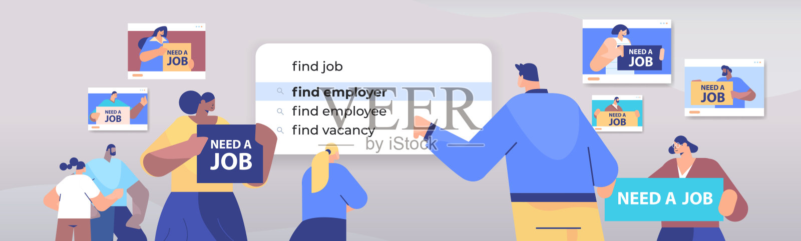 混合种族商人选择找到雇主在搜索栏在虚拟屏幕人力资源招聘招聘插画图片素材