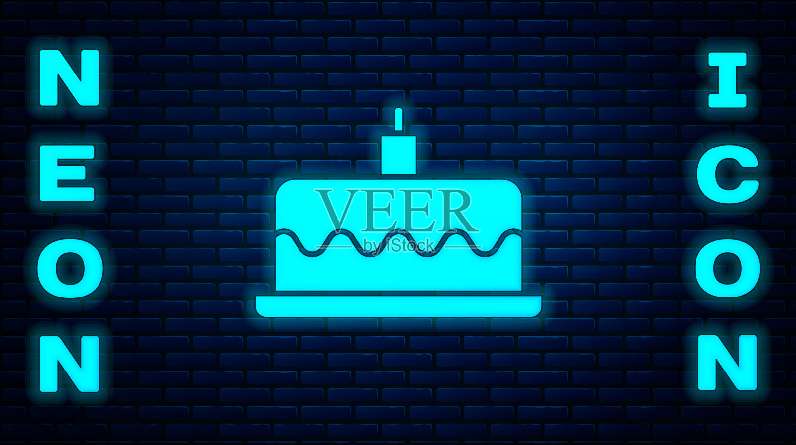 发光的霓虹灯蛋糕与燃烧的蜡烛图标插画图片素材