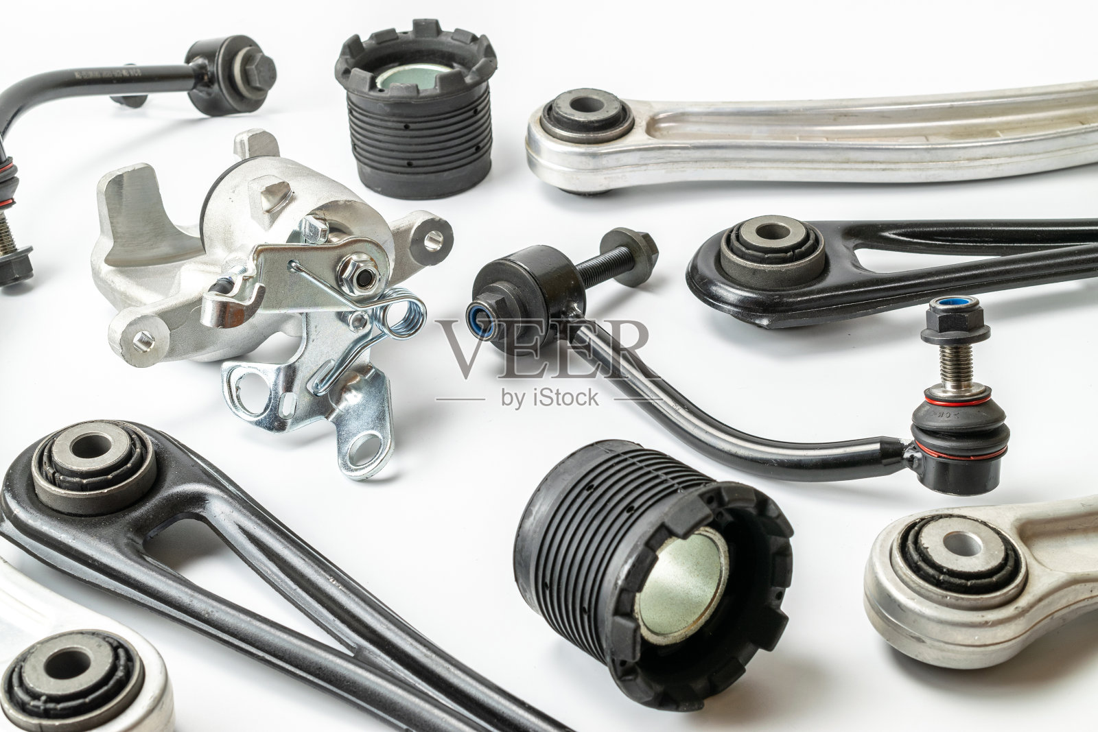 自动阀。电机机械备件或汽车零件隔离在白色背景上。一套新的金属汽车零件。机械齿轮技术。照片摄影图片