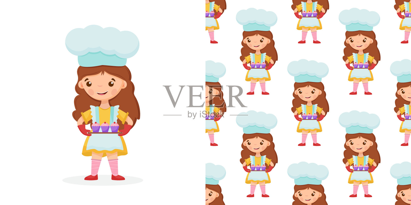 无缝图案可爱的小女孩拿着一个纸杯蛋糕放在托盘上。矢量图插画图片素材