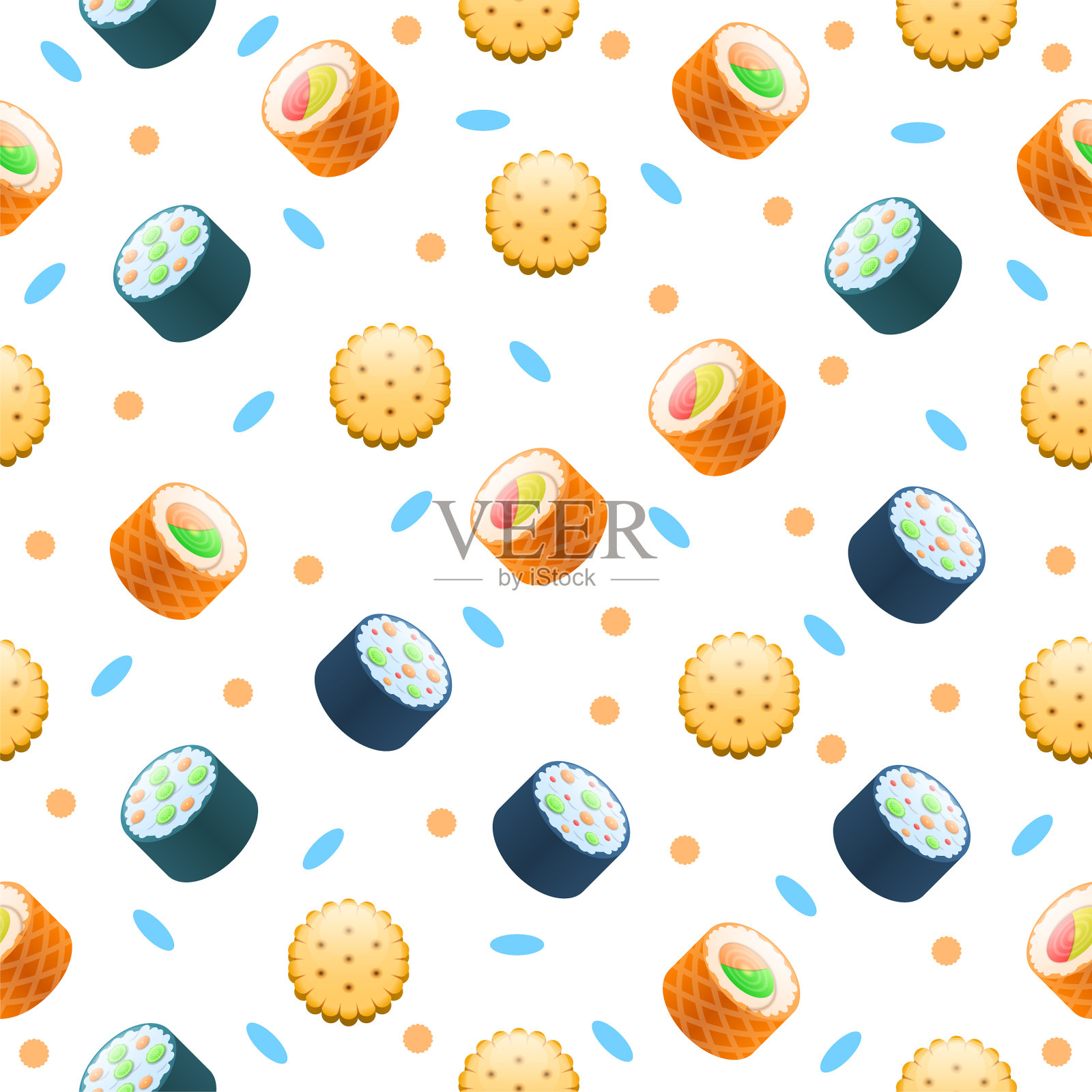 无缝图案抽象元素饼干和寿司快餐矢量设计风格背景插图插画图片素材