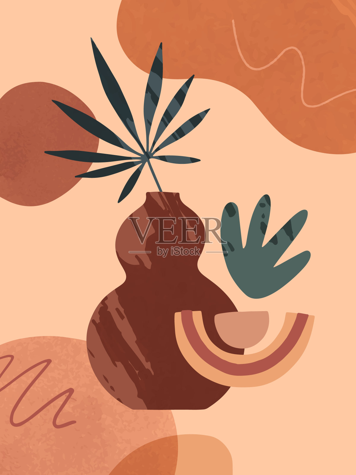 现代抽象矢量插图与花瓶，有机各种形状和树叶插画图片素材